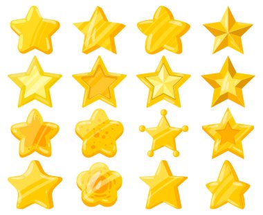 Çizgi film mobil web oyunu, evet altın yıldızlar. Sıradan oyun arayüzü parlak yıldızlar, sarı altın yıldız ödülleri vektör illüstrasyon seti. Mobil oyun başarı ödülü