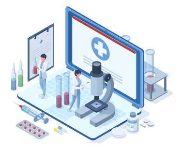 Isometric online tıbbi sağlık hizmeti konsepti. Eczane araştırması, tıbbi tedavi, sağlık hizmeti teşhisi vektör çizimi. Çevrimiçi tıbbi servis kavramı