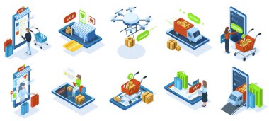 Isometric online alışveriş, e-market satın alma ödemesi. Çevrimiçi dükkanlar pazar yeri müşterileri, e-dükkan ödeme teknolojisi vektör çizimi seti. E-ticaret satın alma karakterleri
