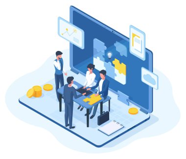 Itric takım çalışması, beyin fırtınası takımının 3D konseptiyle buluşması. Yaratıcı iş adamları vektör illüstrasyonunda beyin fırtınası yapıyor. Ofis takım çalışması karakterleri