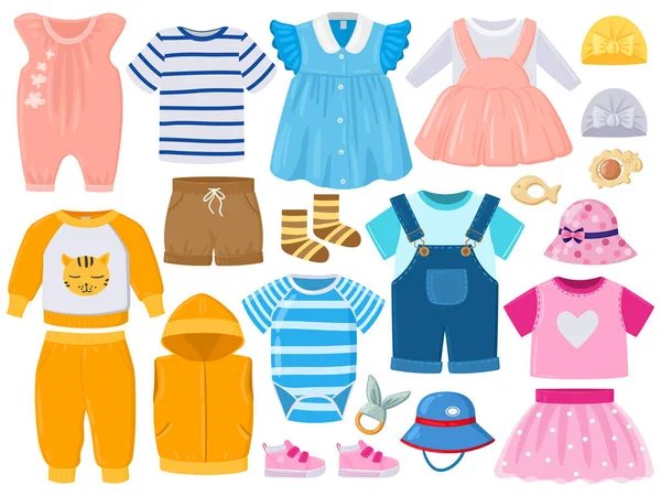 Tecknad baby barn flicka och pojke kläder, hattar, skor. Barnens mode kläder, sparkbyxor, shorts, klänning och skor vektor illustration set. Tecknad barndräkt — Stock vektor
