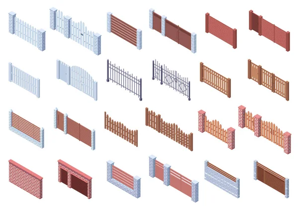 Izometrické dřevěné ploty z kamenné architektury. Nemovitost, nádvoří trellises, cihly a dřevěné ploty brána vektorové ilustrace set. Automatické ploty brány — Stockový vektor