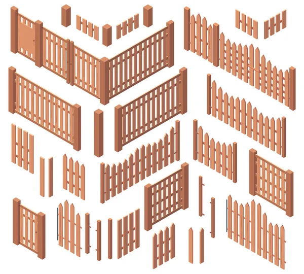 Clôtures rugueuses de ferme de jardin en bois isométrique. Clôture de portes de planches en bois de cour, ensemble d'illustration vectorielle de clôtures de palissade 3D en bois. Clôture en bois ferme — Image vectorielle