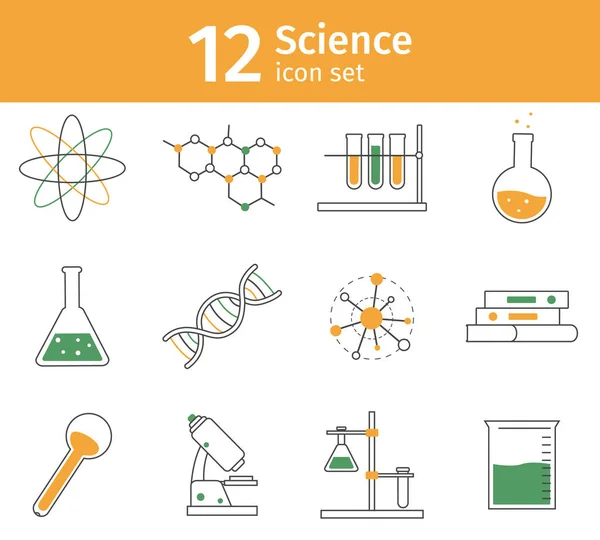 Linje vetenskap ikon set. Kemilabbutrustning som glasvaror. Molekyl- och DNA-modell, mikroskop för experiment — Stock vektor