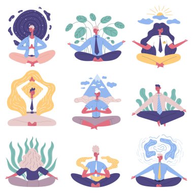 Ofisteki insanlar meditasyon yoga nilüfer duruşu yapıyor. Meditasyon, ofis çalışanları vektör illüstrasyon setini rahatlatıyor. İş adamları yoga pratiği.