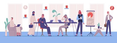 Arap müslüman iş adamları uzay işlerinde çalışıyor. İş adamları beyin fırtınası yapıyor, birlikte çalışıyor ya da vektör çizimleriyle tanışıyor. Arap iş karakterleri