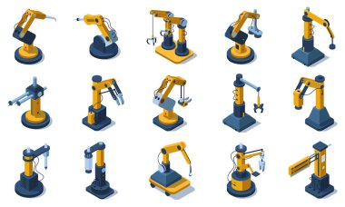 İzometrik fabrika otomatik robot kollar. Fabrika endüstriyel otomatik robot kollar, mekanik robot eller vektör illüstrasyon seti. Otomatik 3d robotik kol