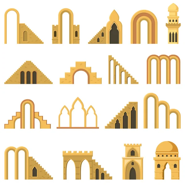Marokańskie współczesne abstrakcyjne elementy architektury geometrycznej łuku. Nowoczesne schody estetyczne, ściany, elementy łukowe wektor ilustracji zestaw. Modne symbole architektury — Wektor stockowy
