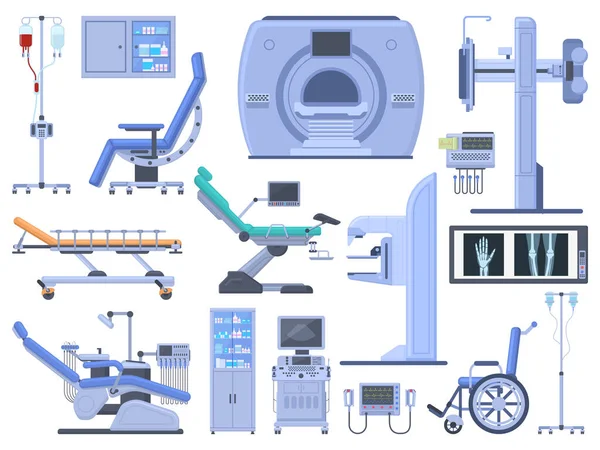 Hulpmiddelen voor medische diagnostiek in ziekenhuizen. Tandartsstoel, rolstoel, bloedtransfusie, cardiograaf, echografie, x-ray machine vector symbolen set — Stockvector