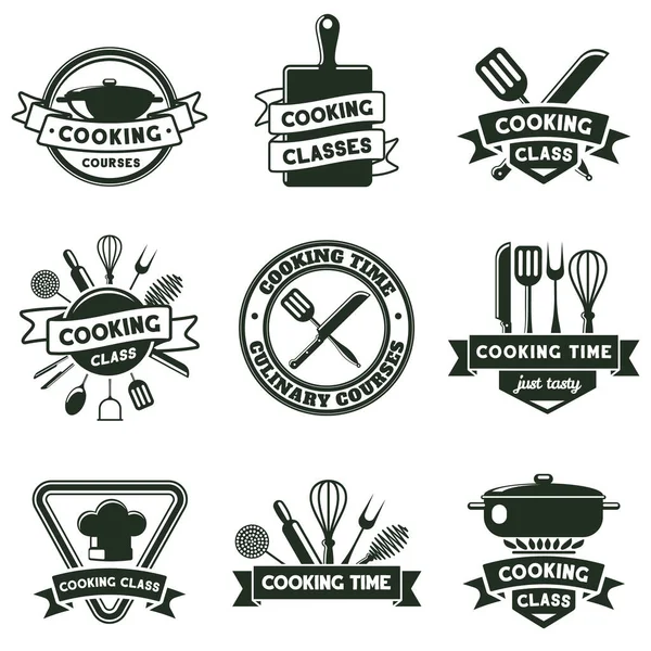 Cucina cibo cottura, posate e utensili da cucina emblemi. Etichette scolastiche culinarie, set di illustrazioni vettoriali per corsi di cucina. Distintivi di cucina alimentare — Vettoriale Stock