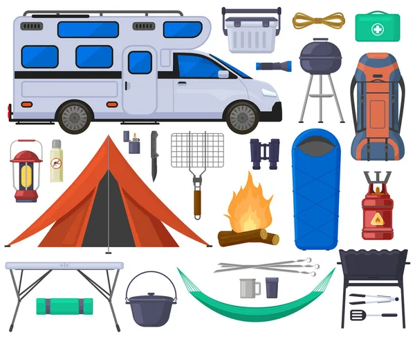 Camping caminhadas tenda turística, van, elementos de fogueira. Caminhadas ao ar livre aventura equipamento conjunto ilustração vetorial. Equipamento de campismo turístico — Vetor de Stock