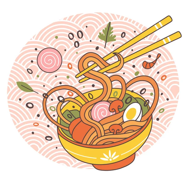Doodle ramen noodles bowl oriental japanese traditional cuisine. Hand drawn meat broth tasty ramen noodle dish vector illustration. Asian food ramen bowl — Stock Vector
