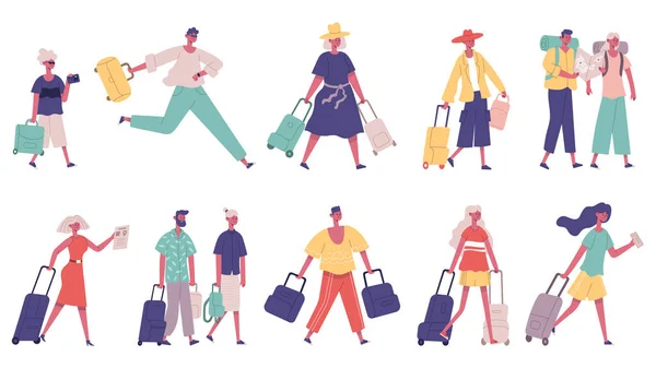 Ходячие мужские и женские персонажи туристической группы. Туристы в аэропорту с сумками, векторные иллюстрации чемоданов. Ходячие туристы — стоковый вектор