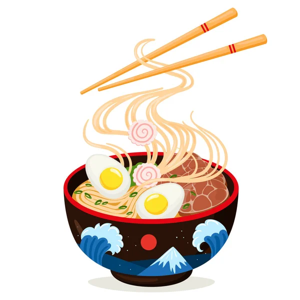 Мультфильм азиатской кухни вкусная миска лапши рамен. Традиционное японское блюдо, вкусный суп с рыбой, яйцом, морскими водорослями и векторной иллюстрацией мяса. Азиатский суп из лапши — стоковый вектор
