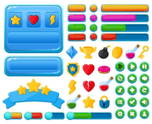 Cartoon user interface elemen kit permainan video kasual ui. Tombol antarmuka permainan, elemen menu, dan set gambar vektor piala permainan. Simbol kit permainan kasual ui - Stok Vektor