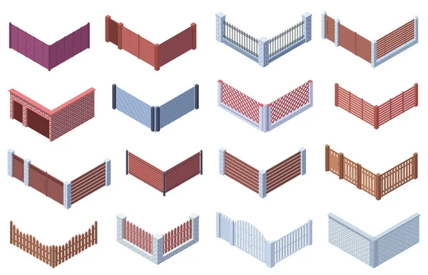 Isometrische tuin of voorstedelijke woning 3d poort hekken. Houten, metalen tralies, stenen hekken vector illustratie set. Omheining van binnenplaatsen — Stockvector