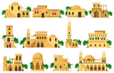 Arap asıllı geleneksel çamur tuğlalı mimari binalar. Müslüman otantik çamur evleri, cami, rotunda, kule vektör çizimi seti. Geleneksel Arap evleri