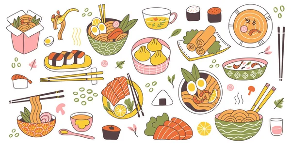Doodle ázsiai japán konyha hagyományos ízletes ételeket. Kínai, koreai, japán rizs, tészta, hal és húsételek vektor illusztráció készlet. Keleti konyha — Stock Vector