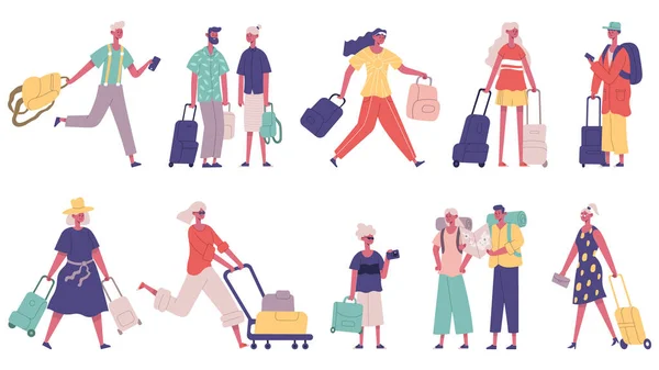 Reizende zomervakantie toeristische mannelijke en vrouwelijke personages. Toeristische met bagage op de luchthaven vector illustratie set. Mascottes voor reizigers — Stockvector