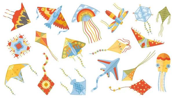 Juegos de dibujos animados niños papel volando cometas juguetes. Actividad al aire libre de verano, kite festival volando cometas vector ilustración conjunto. Niños papel cometa juguetes — Archivo Imágenes Vectoriales