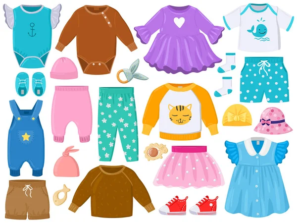 Kreskówki dla dzieci stroje mody ubrania, buty, kapelusze. Elementy odzieży dla niemowląt, spodnie, sukienka, romper, Panama wektor ilustracji zestaw. Małe dziewczynki i chłopcy ubrania — Wektor stockowy