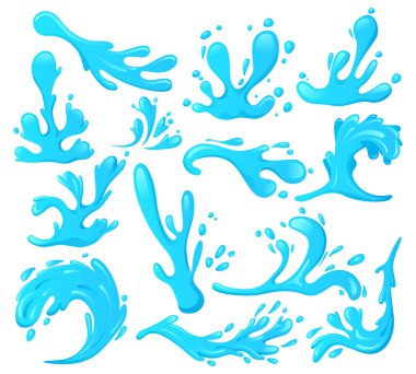 Mavi su sıçramaları, okyanus dalgaları, sprey damlaları. Deniz suyu dalgalı girdapları, nehir dalgalı elementleri vektör çizim sembolleri. Okyanus suyu kıvrılır