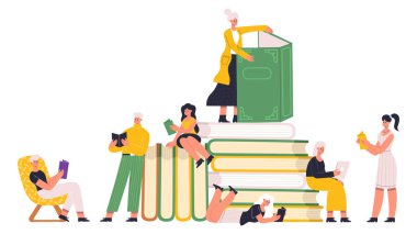 Kitap seven karakterler gazete okurlar. Büyük kitap yığınlarıyla edebiyat okuyan, hobi ve eğitim vektörü illüstrasyonu seti okuyan insanlar. Karakter kavramı okunuyor