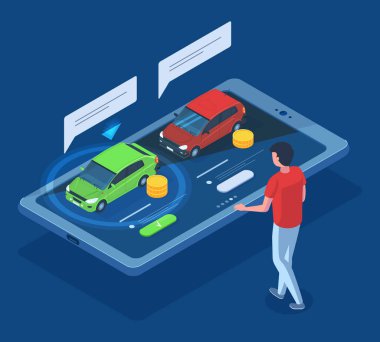 Isome marka sedan araba kirası, satın alma, araba paylaşımı 3D konsepti. Çevrimiçi araba seçimi, oto kiralama, satış, araba paylaşım vektör çizimi seti. Çevrimiçi araba galerisi uygulaması