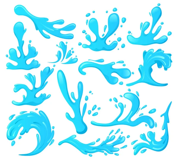 Blue water splashes, ocean waves, spray drops. Sea water wavy swirls, river flowing wave elements vector illustration symbols set. Ocean water swirls — Stock Vector