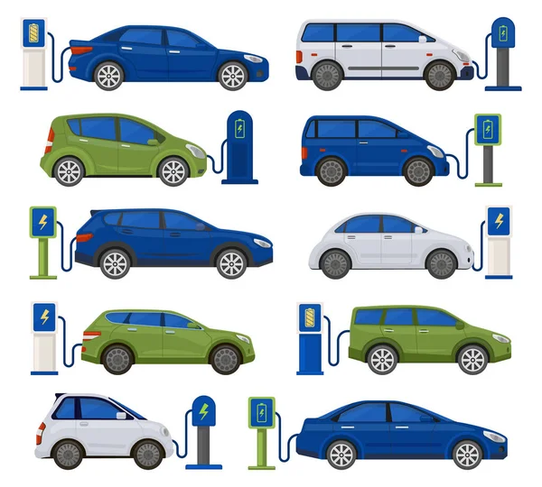 Ηλεκτρικά αυτοκίνητα, οικολογία, φόρτιση οχημάτων βιωσιμότητας. Φιλικά προς το περιβάλλον αυτοκίνητα σε σταθμούς φόρτισης διανυσματική εικονογράφηση σετ. Μεταφορά ηλεκτρικής ενέργειας από ανανεώσιμες πηγές — Διανυσματικό Αρχείο