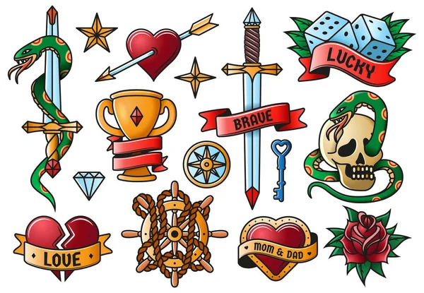 Retro tatuaje rosa, cuchillo, corazón, cráneo símbolos de la vieja escuela. Vintage tatuaje grabado elementos aislados vector ilustración conjunto. Tatuajes de arte de la vieja escuela — Archivo Imágenes Vectoriales