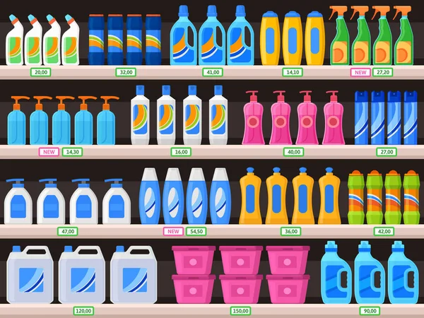 Suministros para el hogar, botellas de detergente químico en los estantes del supermercado. Detergentes, polvo de limpieza, jabón antibacteriano vector Ilustración. Estantes con productos químicos domésticos — Vector de stock