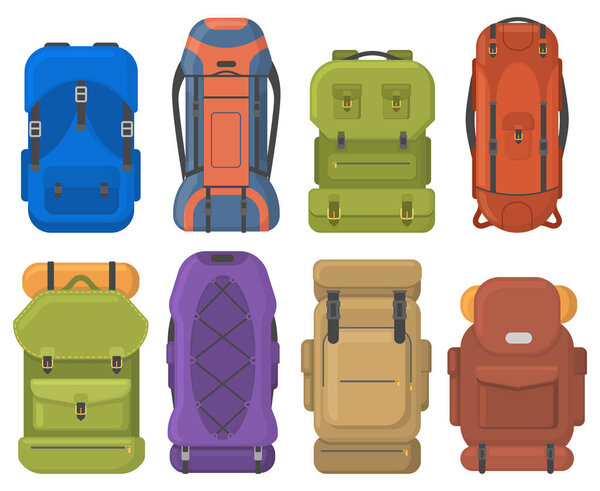 Camping tourist hiking outdoor adventure travel backpacks. Tourist hiking trekking backpacks with sleeping bags vector illustration set. Outdoor tourist equipment bags