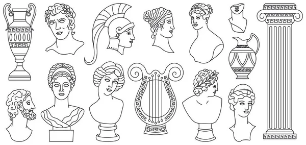 Antik Yunan başları, heykeller, mimari elementler. Yunan mermer heykelleri, vazolar, tanrıça büstü vektör çizimi seti. Efsanevi antik Yunan heykelleri — Stok Vektör