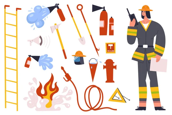 Strażak, strażak z narzędziami przeciwpożarowymi. Strażak w mundurze z hydrantem przeciwpożarowym, zestaw ilustracji wektora gaśniczego. Charakter strażaka — Wektor stockowy