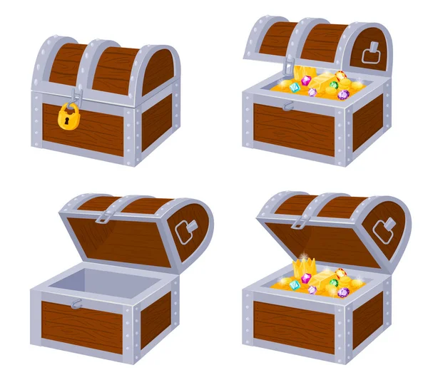 Kreslené pirátské dřevěné truhly se zlatým pokladem, otevřené a zavřené. Dřevěné pirátské kmeny plné zlatých pokladů, uzamčené a prázdné vektorové ilustrace. Krabice s pirátským kmenem — Stockový vektor