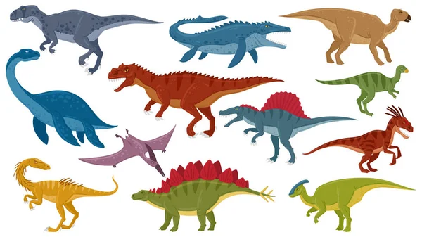 Dinossauros de desenhos animados, júris extintos dino raptors, predadores e herbívoros. Réptil de dinossauros jurássico, tiranossauro, estegossauro, conjunto de ilustrações vetoriais de pterodáctilo —  Vetores de Stock