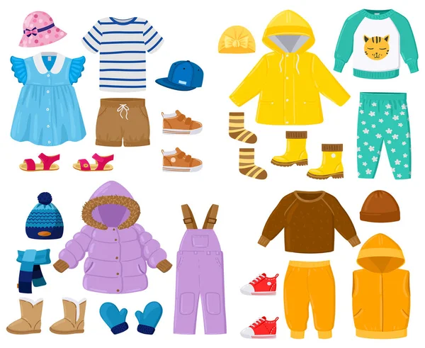 Niños de dibujos animados invierno estacional, primavera, verano, ropa de otoño. Chaqueta hinchable, pantalones, camisa, sandalias niños trajes vector ilustración conjunto. Bebé ropa de temporada elementos — Archivo Imágenes Vectoriales