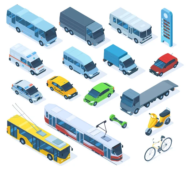 Izometrický 3D transport, sedan, autobus, sanitka, náklaďák, kolo. Městská hromadná doprava, tramvaj, trolejbus a policejní auto vektorové ilustrace set. Městská veřejná vozidla — Stockový vektor