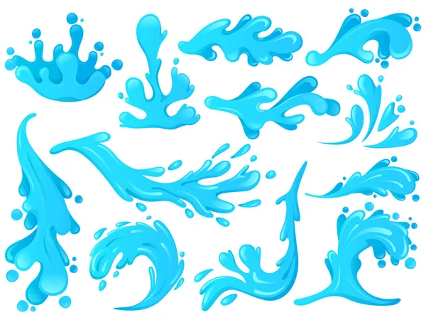 Ondas de agua del océano, salpicaduras azules remolinos ondulados. Olas y salpicaduras azules del mar, elementos de agua de movimiento aislado vector conjunto de ilustración. Agua ondulada salpica símbolos — Archivo Imágenes Vectoriales