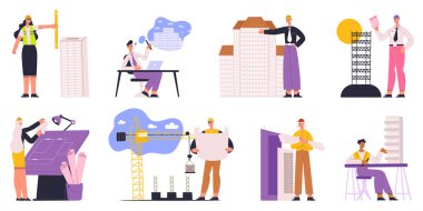 Mimarlar, mühendisler, inşaatçılar ve inşaat işçileri. Profesyonel inşaatçı, mimar, işçi mühendis vektör çizimi seti. Mimari proje çalışanları