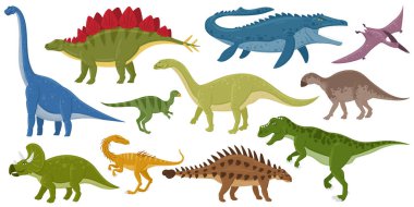 Çizgi film dinozorları, ankylosaurus, brontosaurus, stegosaurus nesli tükenmiş yırtıcılar. Pterodactyl ve tyrannosaurus jurassic reptiles vektör çizimi seti. Jurasik soyu tükenmiş canavarlar