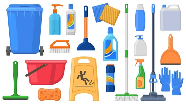 洗浄用品、ツール、家庭用化学品や洗浄液。家庭用洗剤、ゴミ缶、モップ、手袋、バケツベクトルイラストセット。掃除用品 — ストックベクタ
