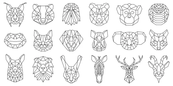 Lineáris poligonális állati medve, kígyó, kutya geometriai fejek. Alacsony poli állatok arcok, vaddisznó, láma, hiúz és koala vektor illusztráció készlet. Poligonális állatportrék — Stock Vector
