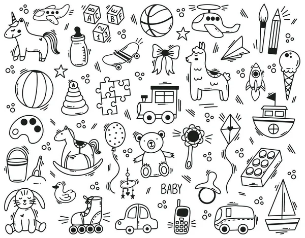 Doodle lindo niños juguetes dibujados a mano elementos. Kindergarten divertidos niños juguetes, bola, muñeca, oso y juguete coche vector ilustración conjunto. Lindo bebé ducha juguetes símbolos — Archivo Imágenes Vectoriales