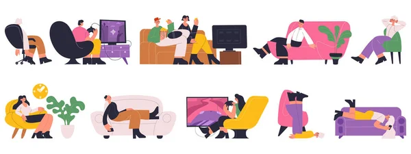 Karaktärer sover, arbetar, vilar, tittar på tv på bekväma soffor. Folk spenderar tid, läser på soffan vektor illustration set. Kvinnor och män som kopplar av på skön soffa — Stock vektor