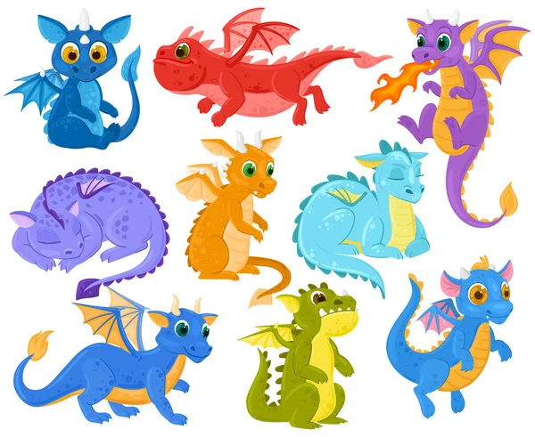 Dibujos animados dragón niños fantasía linda criatura mascotas. Divertidos bebés dragón, leyendas medievales y cuentos de hadas personajes dino vector conjunto de ilustración. Monstruos de dragón de fantasía — Vector de stock