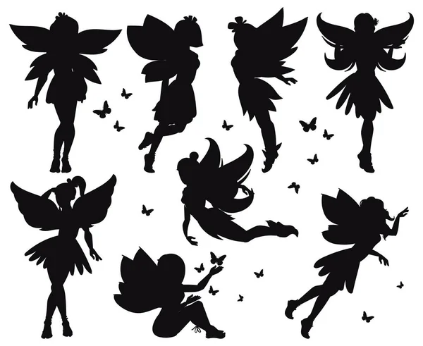 Tekenfilm magische sprookjes kleine feeën silhouetten. Magische kleine feeën meisjes vliegen met vlinders vector illustratie set. Leuke fantasie pixie wezens — Stockvector