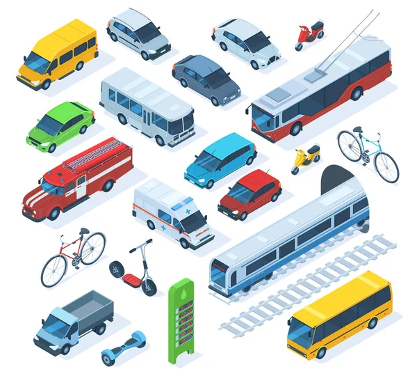 Transporte urbano público isométrico, scooter, autobús, camión de bomberos. Conjunto de ilustración vectorial de vagones públicos municipales y privados, ambulancias, camiones y trenes. Transporte urbano urbano urbano — Vector de stock