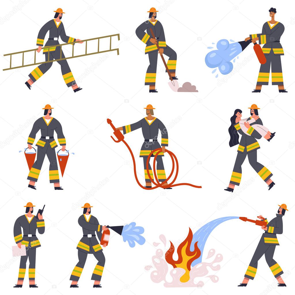 Brave firefighters rescue emergency service characters in action. Fireman with fire extinguishing rescue equipment vector illustration set. Firefighters emergency service